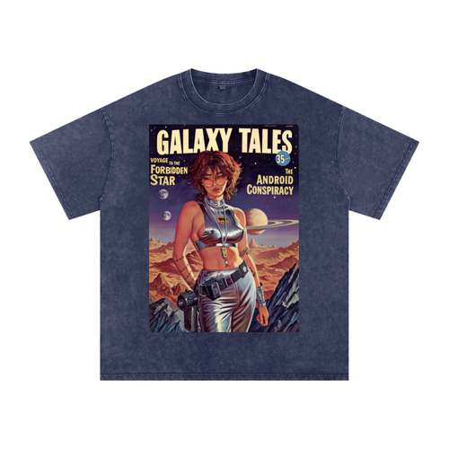Retro Sci-Fi Magazine Cover Oversized T-Shirt | Snow Washed Cotton
